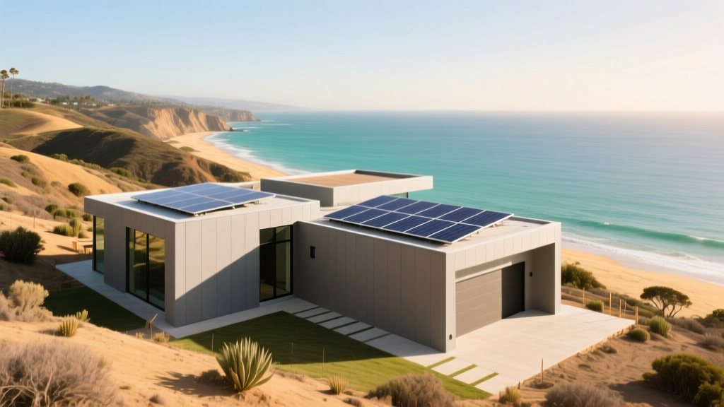 Custom home with fiber cement siding and solar panels under construction on a graded San Diego hillside lot with ocean views