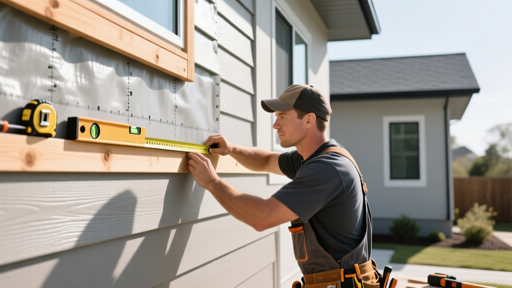 Carpenter measuring and aligning fiber cement siding panels against a weather-resistive barrier on a modern residential exterior wall