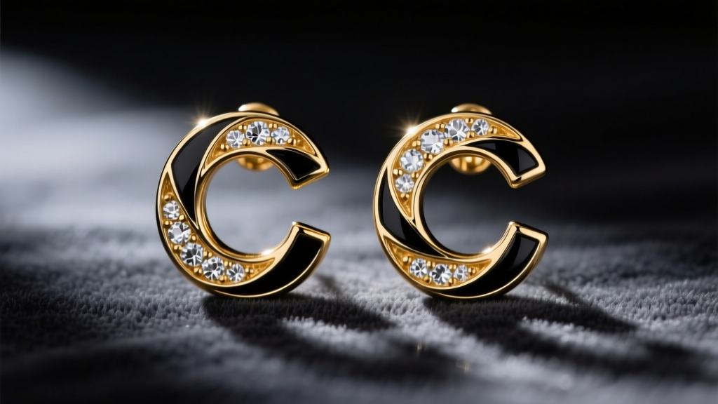 Macro shot of gold-tone double C earrings with black enamel and clear rhinestones resting on dark charcoal velvet