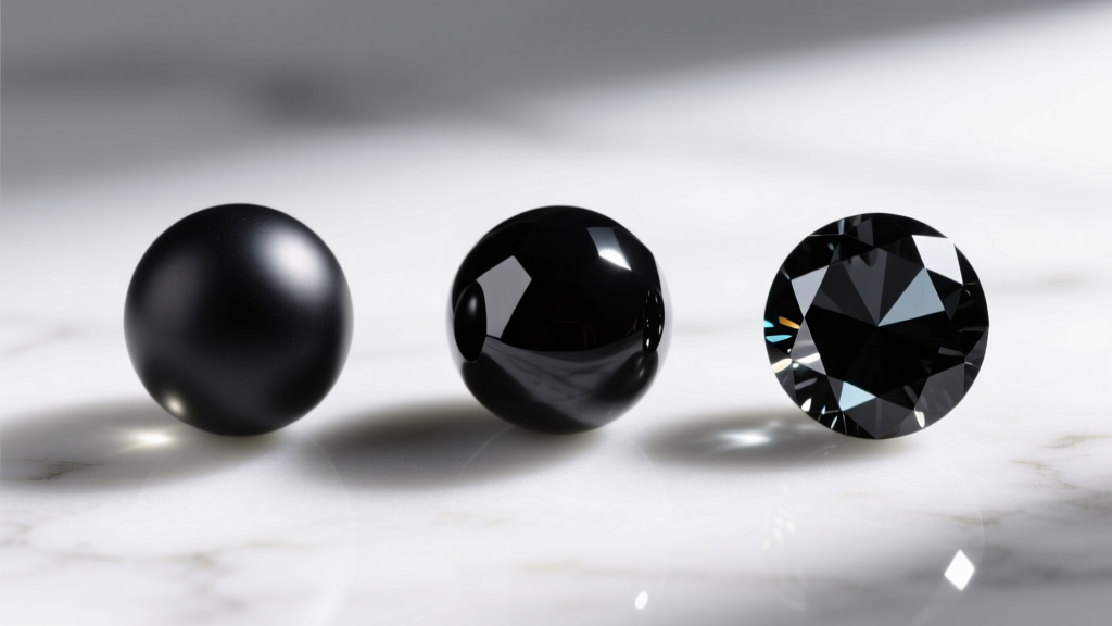 Macro photo comparing black bead materials: matte glass, polished natural onyx, and faceted black spinel on a white marble surface