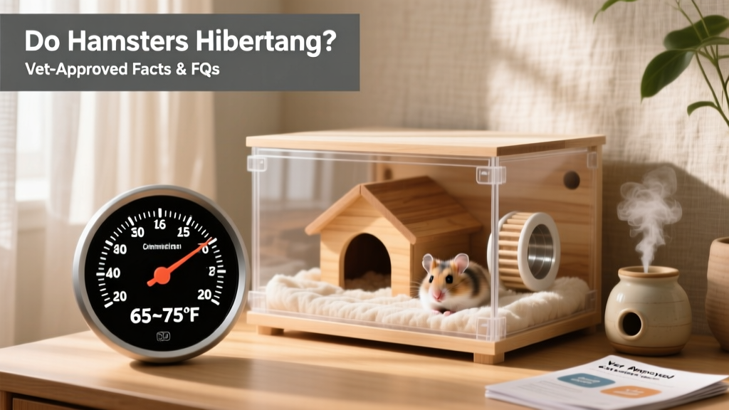 Thermometer showing ideal hamster habitat temperature range (65–75°F) next to a cozy, well-insulated hamster enclosure