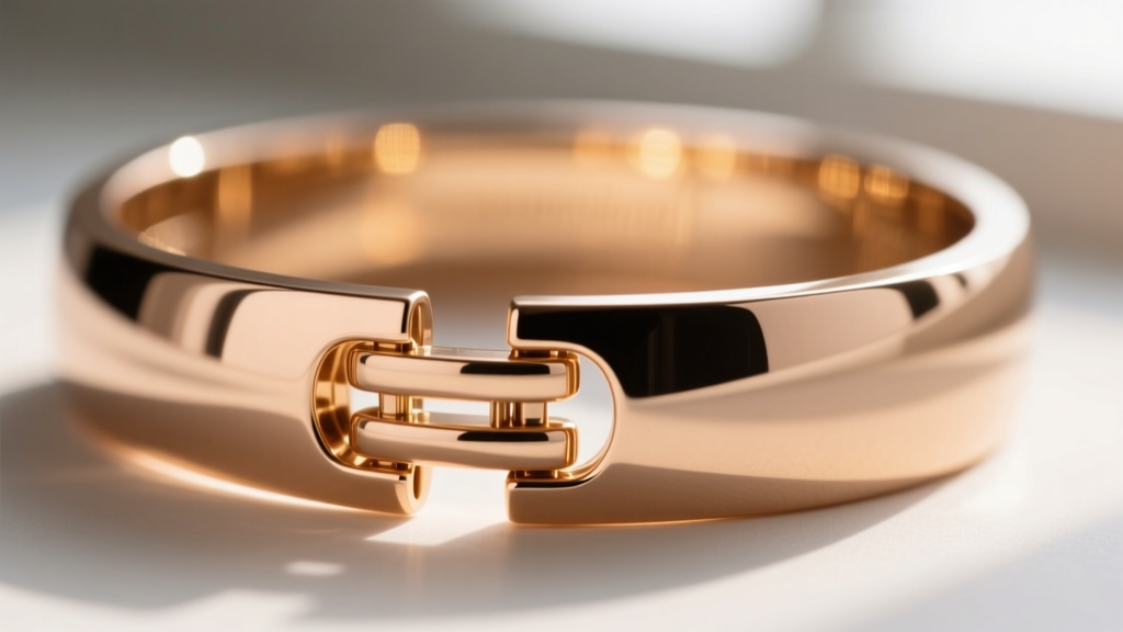 Close-up macro shot of a 14k rose gold arm cuff hinge mechanism, showing the seamless joinery and polished metal finish.