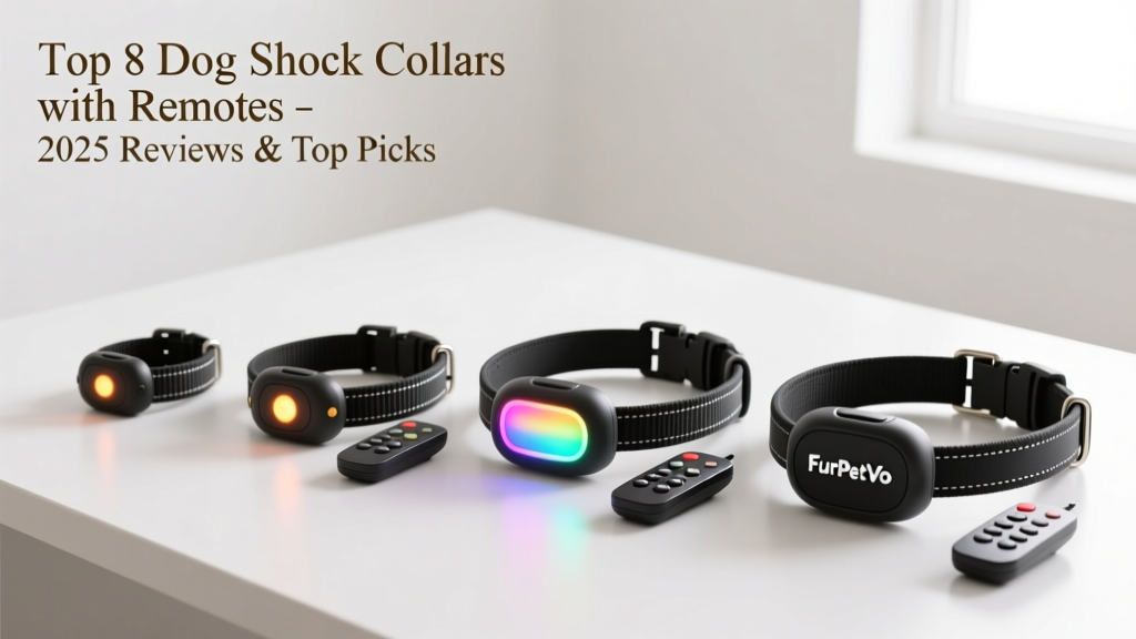 Side-by-side comparison of four FurPetVo collars on a clean white surface, highlighting different sizes, LED indicators, and remote designs