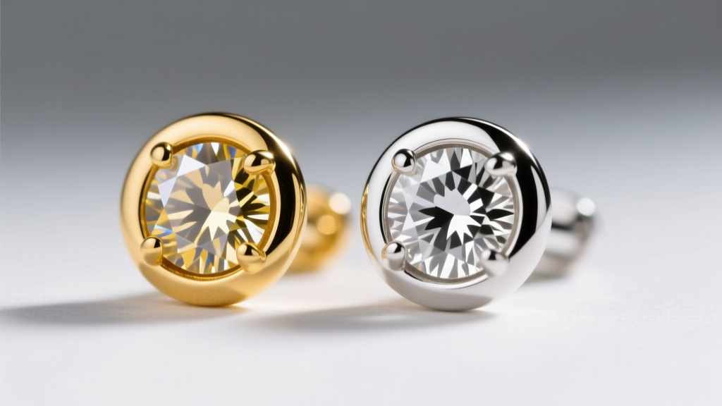 Macro shot comparing an 18k yellow gold martini setting and a white gold bezel setting, both holding identical round diamond studs