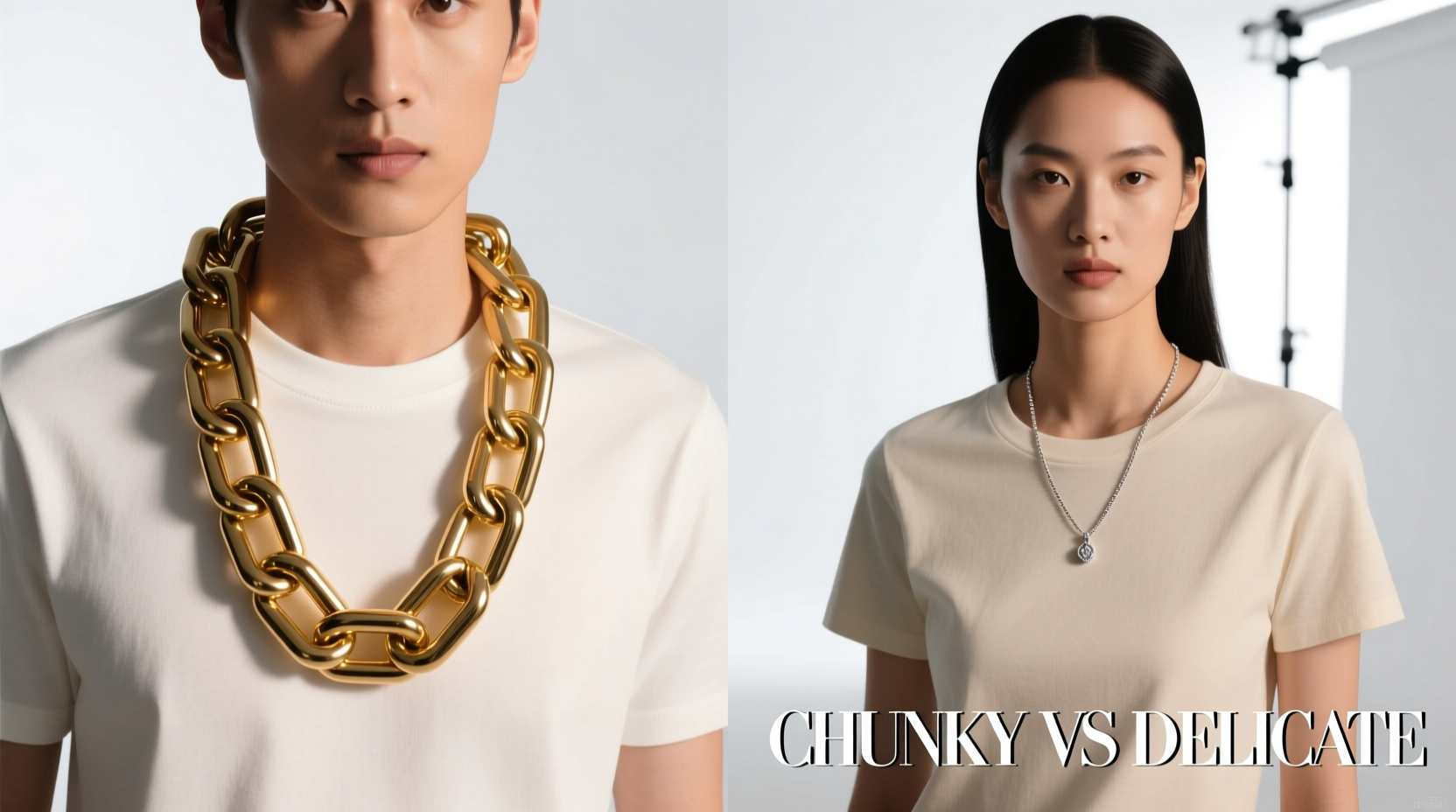 chunky gold chain vs delicate necklace which elevates a basic tee faster