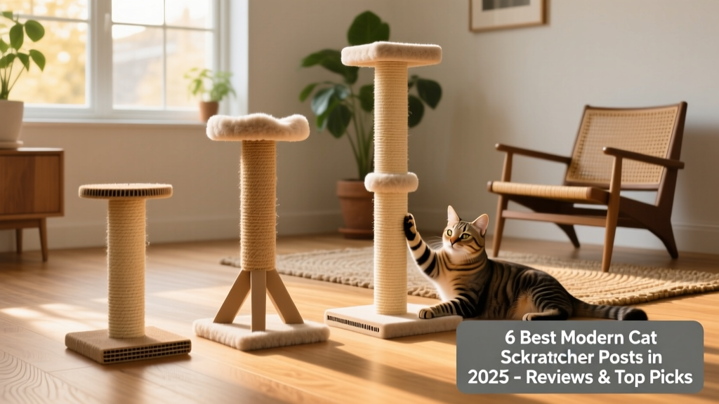 Side-by-side comparison of three FurPetVo scratcher posts showing different heights, textures, and base designs