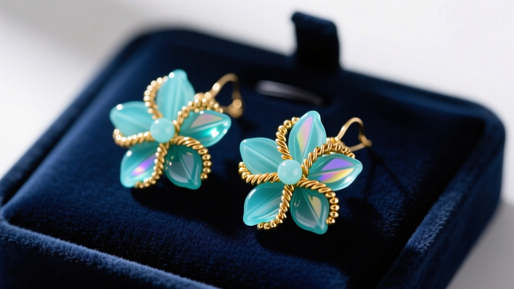 Close-up of handmade beaded flower earrings with turquoise glass petals and gold wire wrapping resting on a dark velvet display pad.