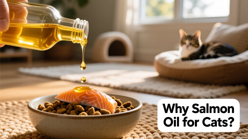 Close-up of golden salmon oil being drizzled over a bowl of high-quality cat food