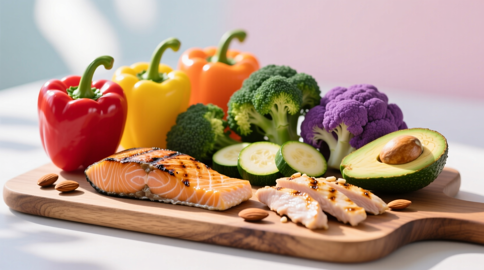 Colorful arrangement of low-carb vegetables and proteins