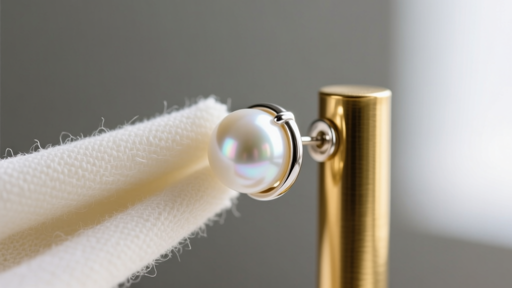 A microfiber cloth gently wiping the gold-plated brass post of a luxury pearl earring, showing careful maintenance technique.