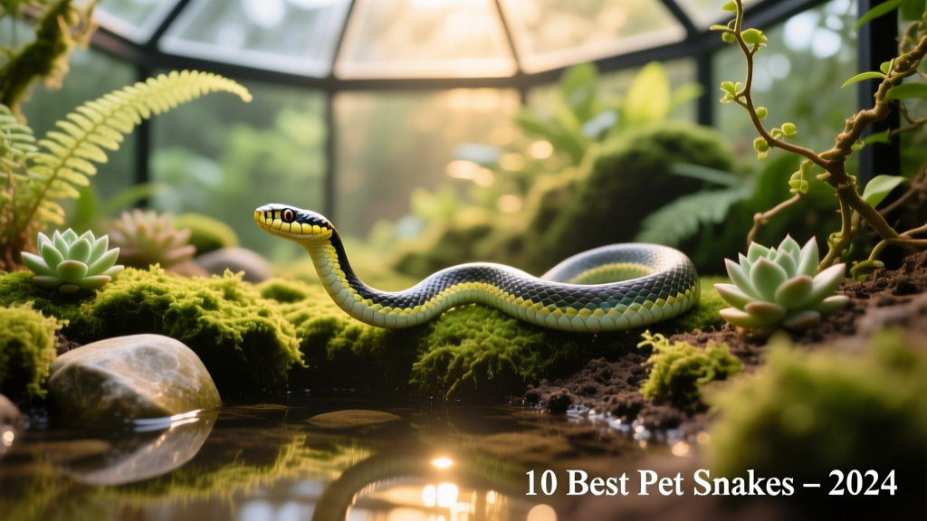 A garter snake gliding across a planted terrarium with moss, rocks, and shallow water