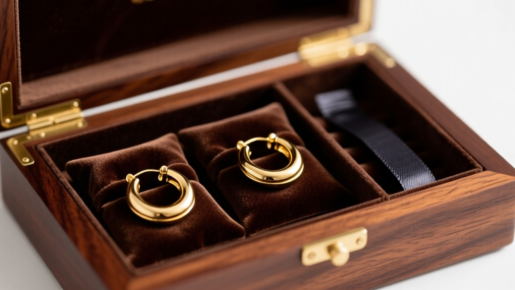Velvet pouches holding gold band hoop earrings inside a lined wooden jewelry box, placed next to dark anti-tarnish strips.
