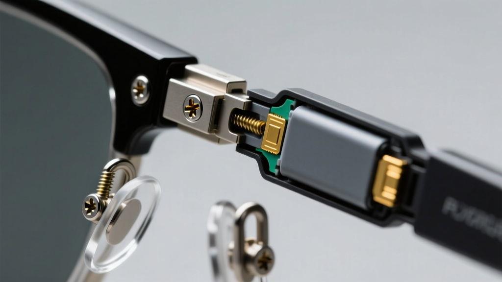 Magnified macro shot of smart glasses hinge showing exposed micro-screws and modular battery connector for easy user repairability