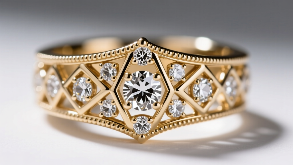 Macro shot of an Art Deco 18k white gold filigree ring with geometric diamond accents and milgrain edges under bright light