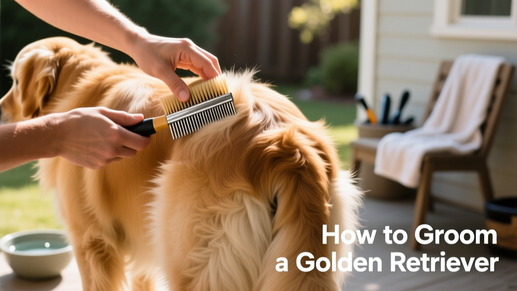 Close-up of hands using a slicker brush and steel comb on a Golden Retriever's fluffy hindquarters