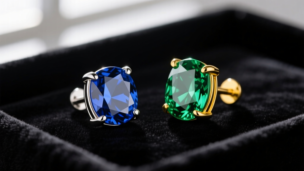 Platinum bezel-set blue sapphire stud earring beside an 18k yellow gold prong-set green tsavorite earring on a dark velvet tray
