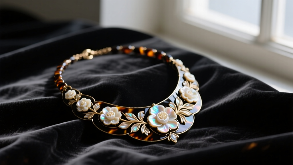 Antique mother of pearl necklace with carved floral cameos in dark tortoiseshell pique, resting on faded black velvet fabric.
