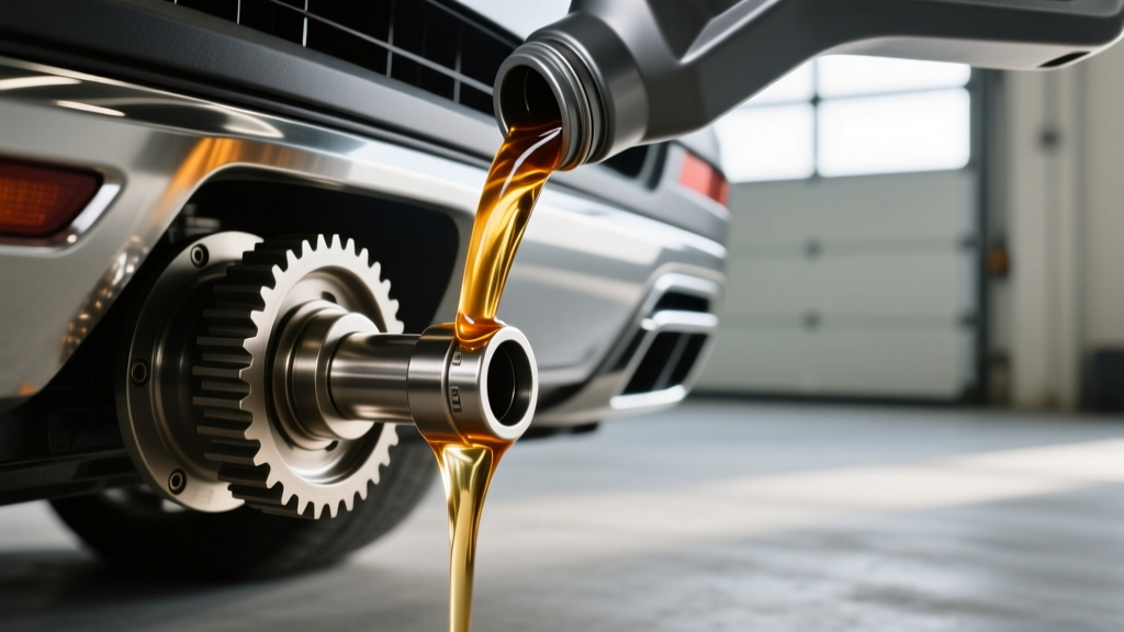 Close up of synthetic 75W-90 gear oil being poured into a rear differential fill plug on a modern SUV.