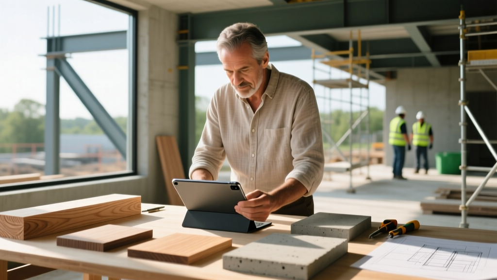 Architect reviewing digital material specifications and physical samples of mass timber and low-carbon concrete on a sunlit job site table