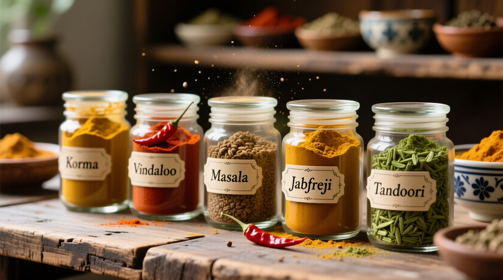 Close-up of various curry powders in glass jars