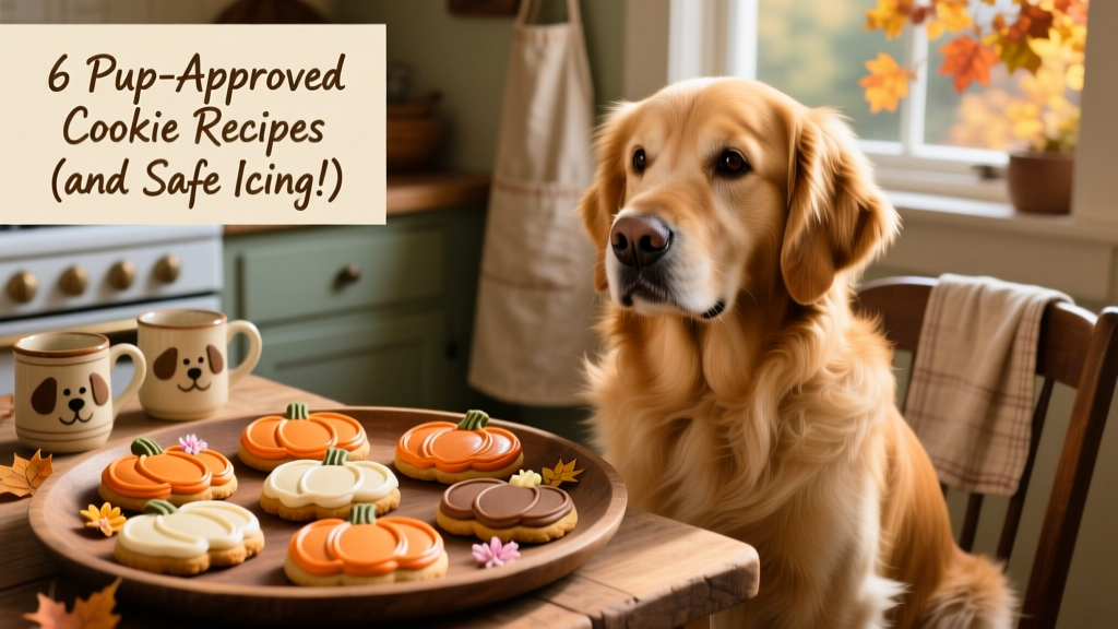 Golden retriever sitting beside a tray of pumpkin-shaped dog cookies