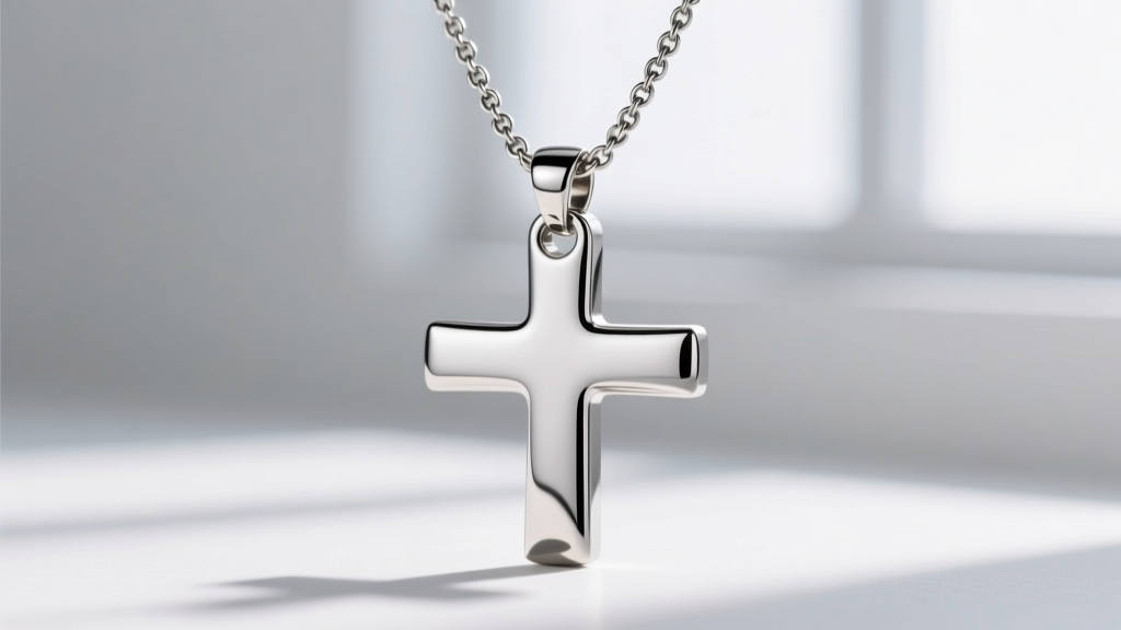 Side view of a 316L stainless steel cross necklace, revealing the seamless laser-welded jump ring and high-polish mirror surface.
