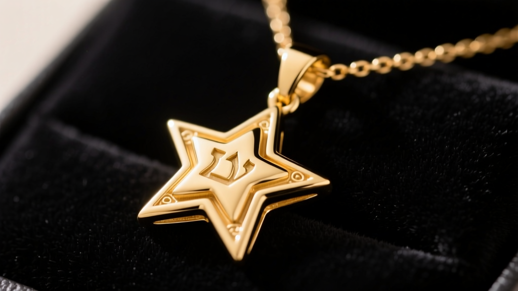 Close-up of a polished 14k yellow gold Jewish Star necklace resting on dark velvet, illuminated by soft warm light