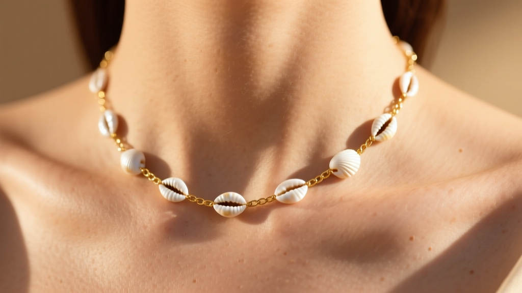 Macro shot of a gold chain with tiny 4mm white puka seashells on sunlit collarbones against a softly blurred warm background