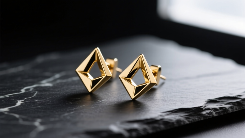 Close-up of minimalist geometric Maomao earrings in 18k PVD gold-plated 316L stainless steel resting on a dark slate surface
