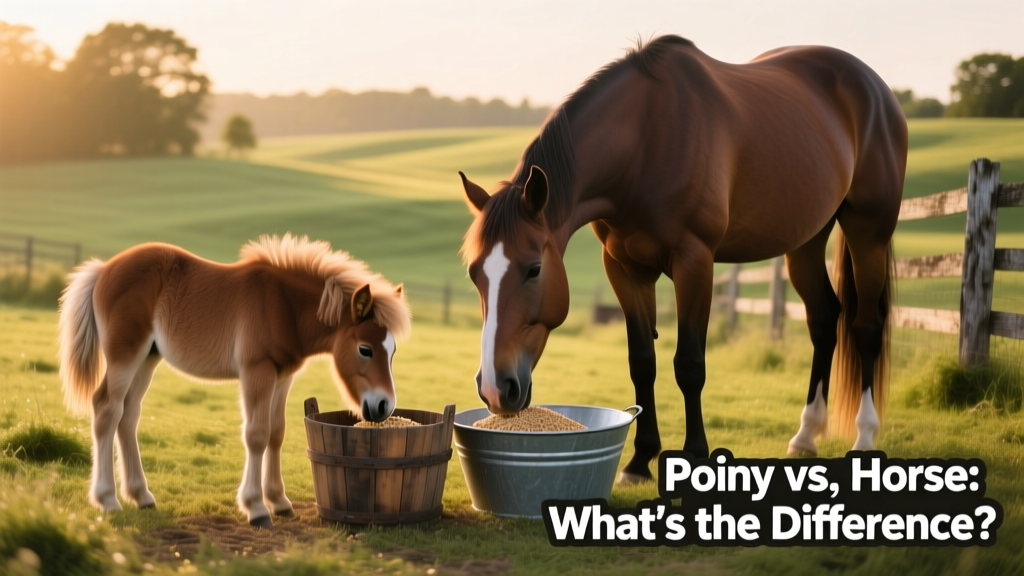 Side-by-side feeding setup: portion-controlled low-sugar feed for a pony and standard grain ration for a horse