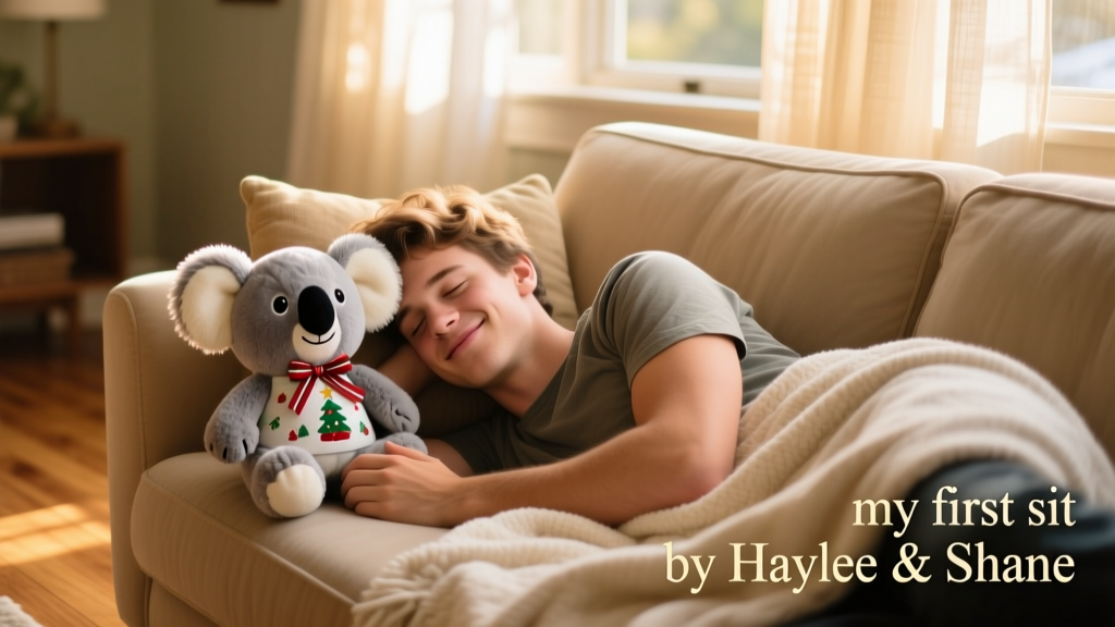 Tino curled up on a sun-drenched couch beside a festive koala plush toy, looking content and sleepy
