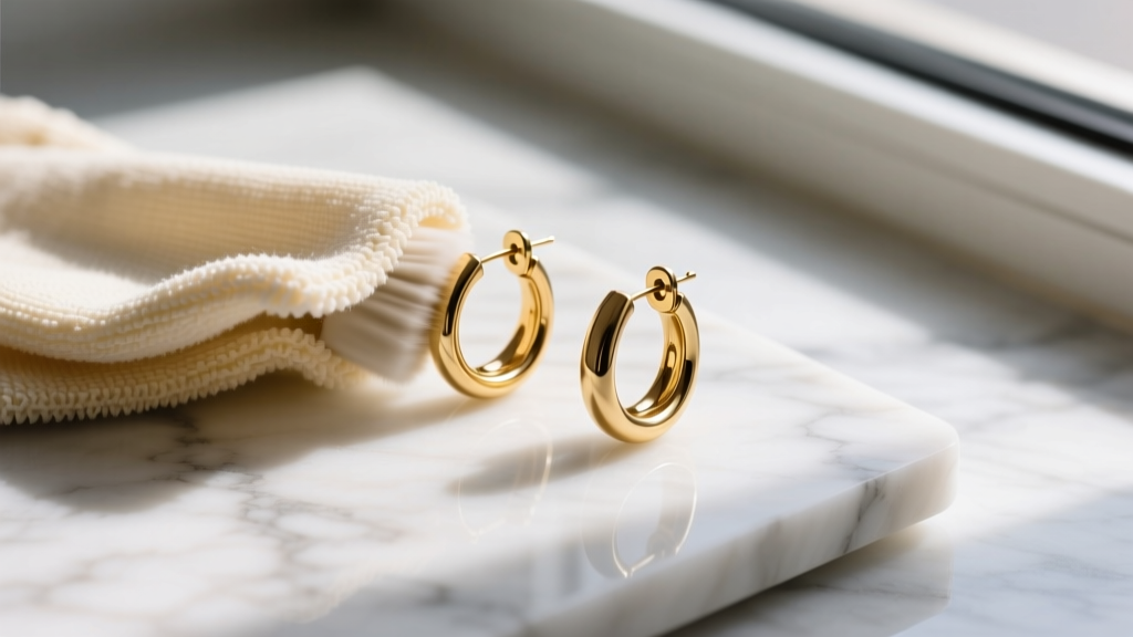 Overhead shot of a microfiber cloth gently polishing a pair of Coach gold-plated brass huggie hoop earrings on a marble surface