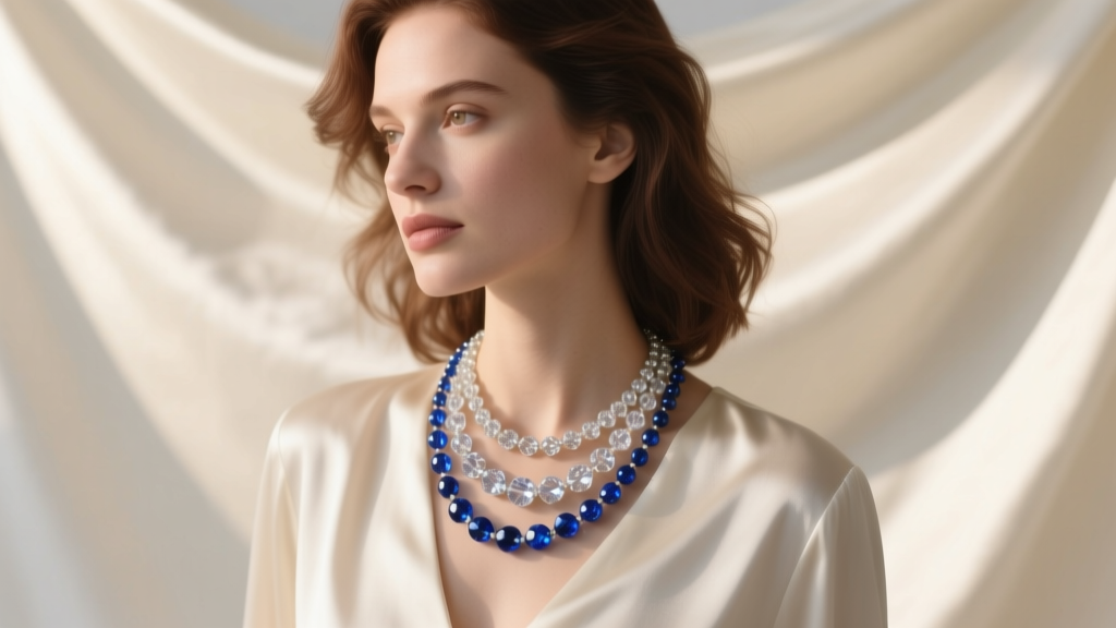 A woman wearing a layered vintage crystal bead necklace with 4mm clear quartz and sapphire blue beads against a cream silk blouse
