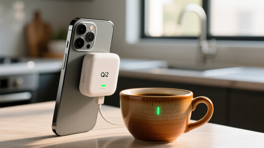 Close-up of a Qi2 magnetic wireless battery snapping onto a smartphone, showing a green LED indicator next to a ceramic coffee cup
