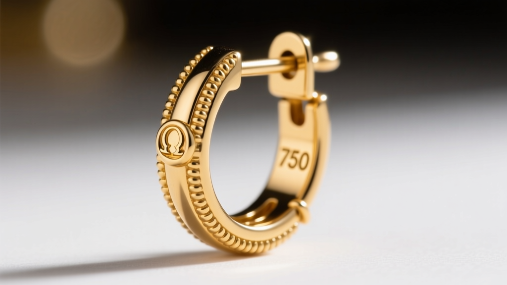 Macro shot of a vintage earring omega clip back showing the 750 gold hallmark and intricate milgrain detailing on the metal hinge.