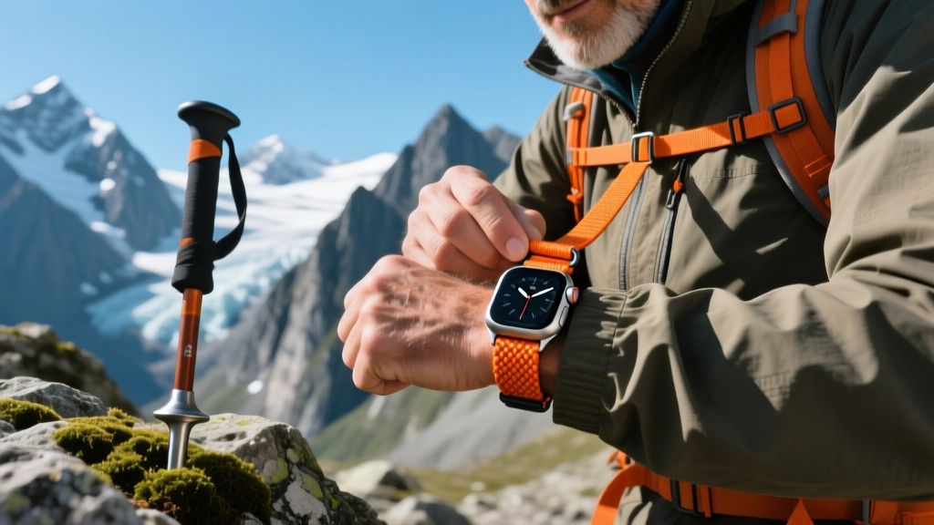 Hiker adjusting Apple Watch Ultra 2 orange alpine loop strap on wrist while holding a trekking pole against a rocky alpine background