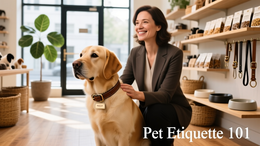 A calm, leashed dog standing politely beside its owner inside a boutique store