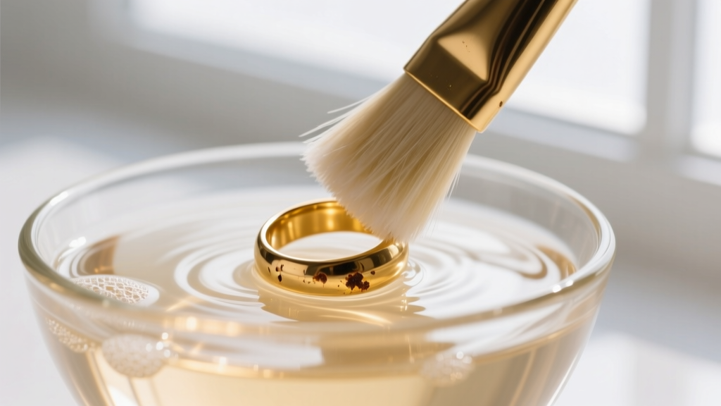 Soft brush cleaning a tarnished gold filled ring in a glass bowl of warm soapy water, illuminated by bright natural window light