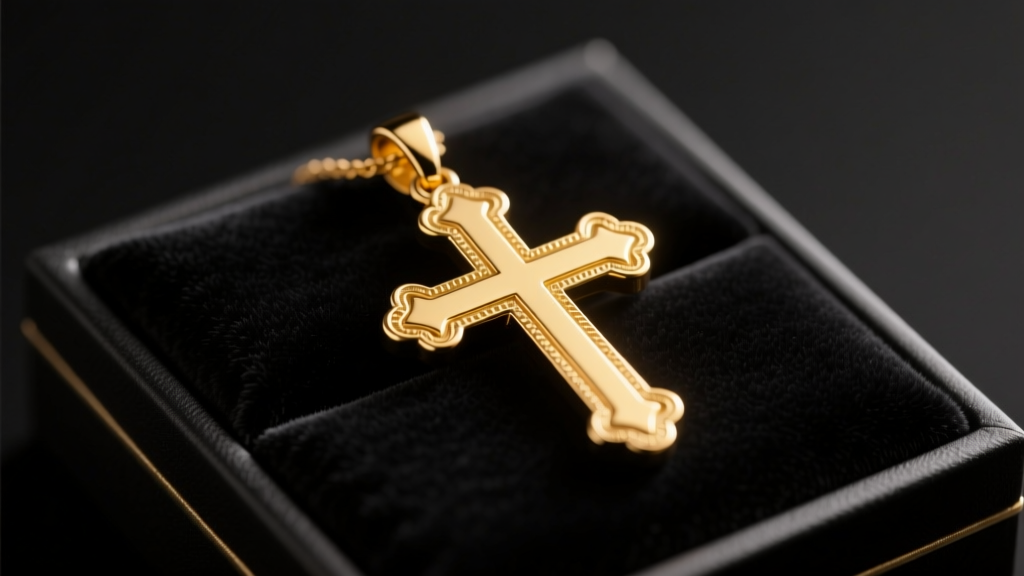 Solid 14k yellow gold Latin cross pendant resting on dark velvet display pad, illuminated by soft warm studio lighting, macro shot