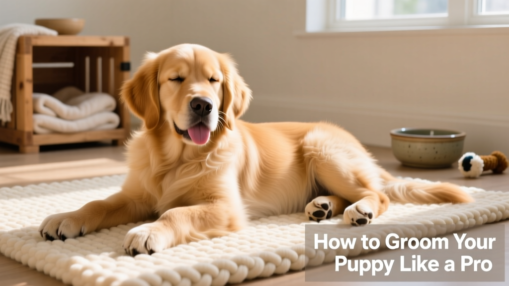 Happy puppy lying on a soft mat after a FurPetVo grooming session, looking relaxed and shiny-coated
