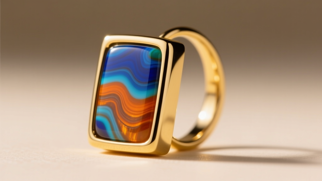 Close-up of an 18-gauge yellow gold bezel setting securely wrapping around the curved edge of a rectangular fordite earring stud