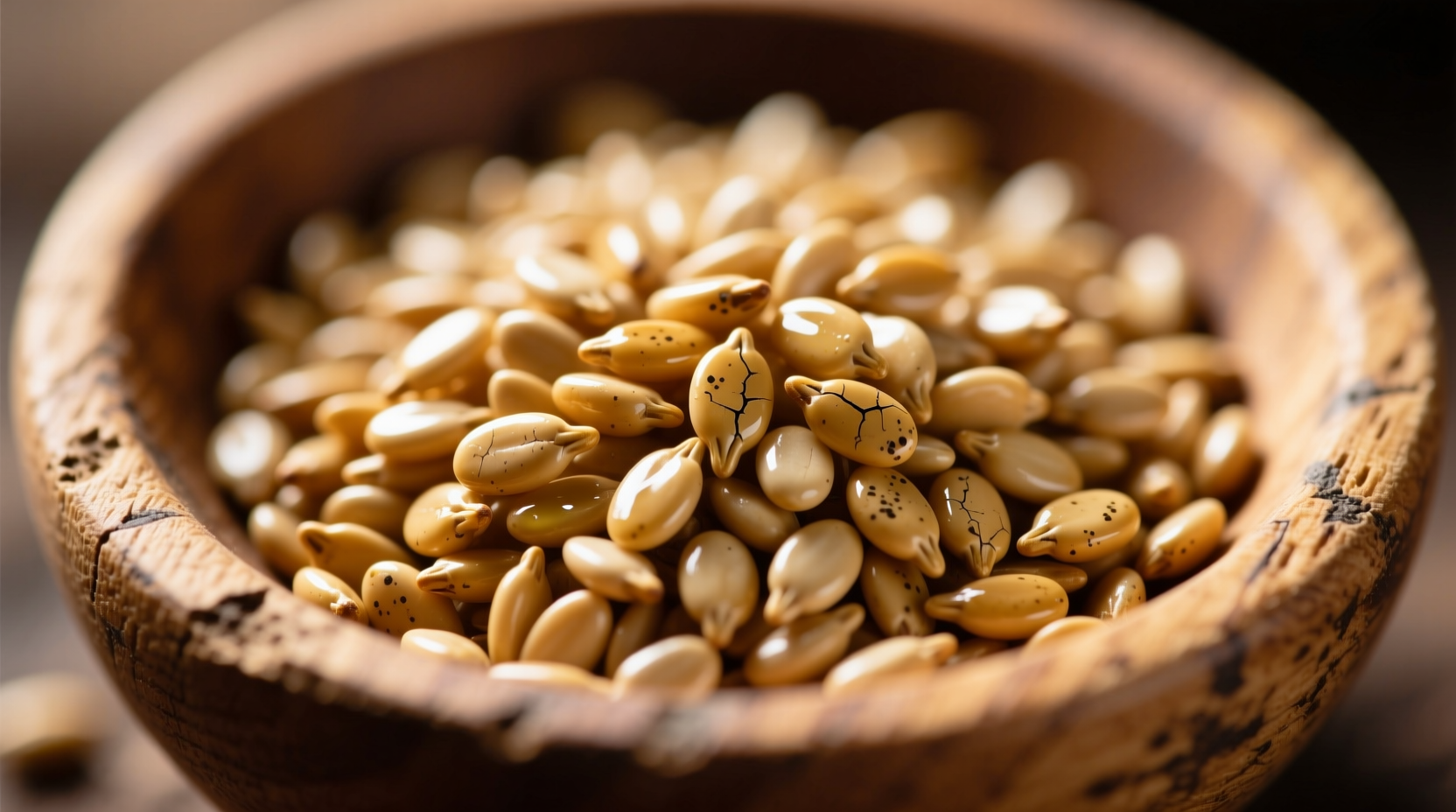 Close-up of golden sesame seeds in a wooden bowl
