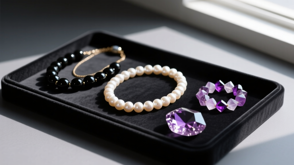 Flat lay of necklace bead types including matte onyx, freshwater pearl, and faceted amethyst on a dark velvet jewelry display tray