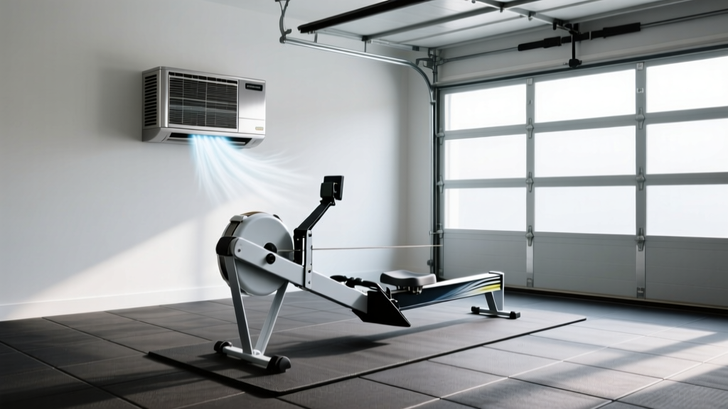 Wall-mounted ductless mini-split HVAC unit blowing cool air over a rowing machine and rubber matted floor in a modern garage gym