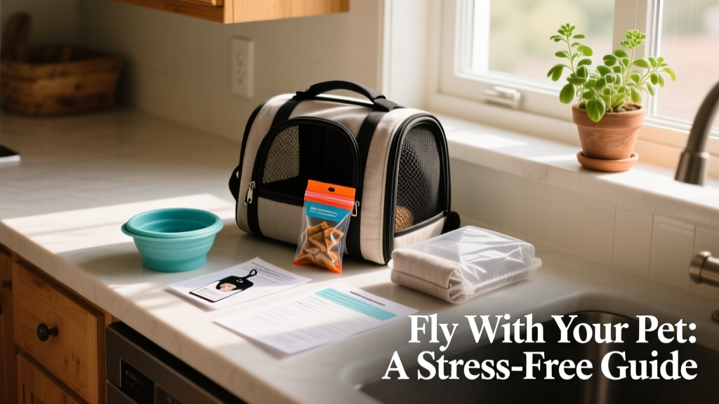 A neatly packed pet travel kit with carrier, bowl, treats, and documents laid out on a countertop