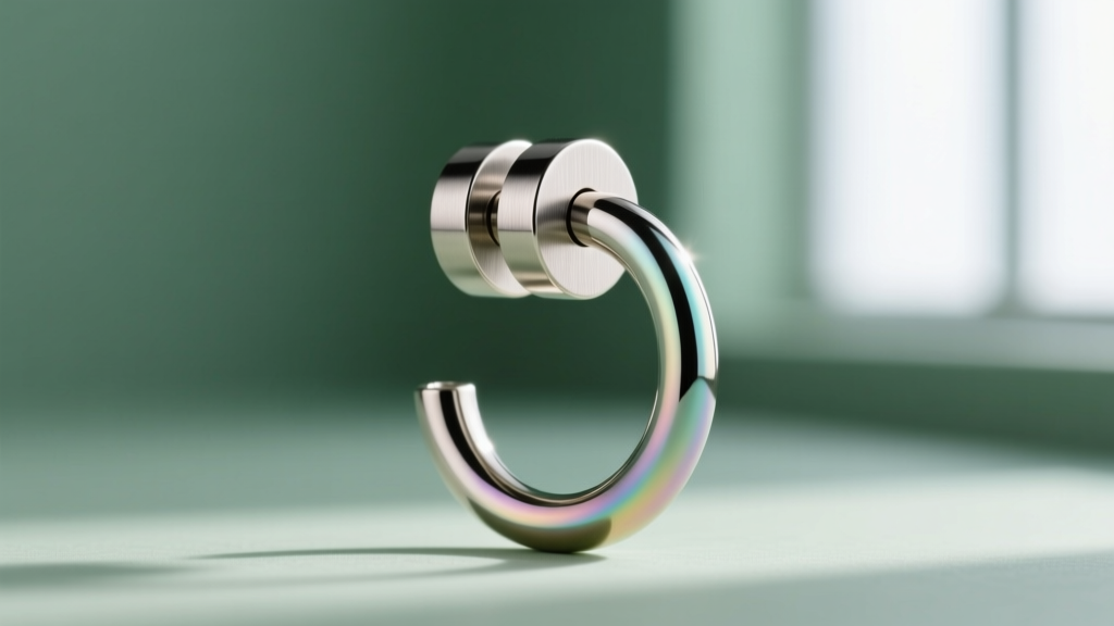 Side profile of an ear stack with titanium flat backs and a niobium clicker hoop, photographed against a muted sage green backdrop