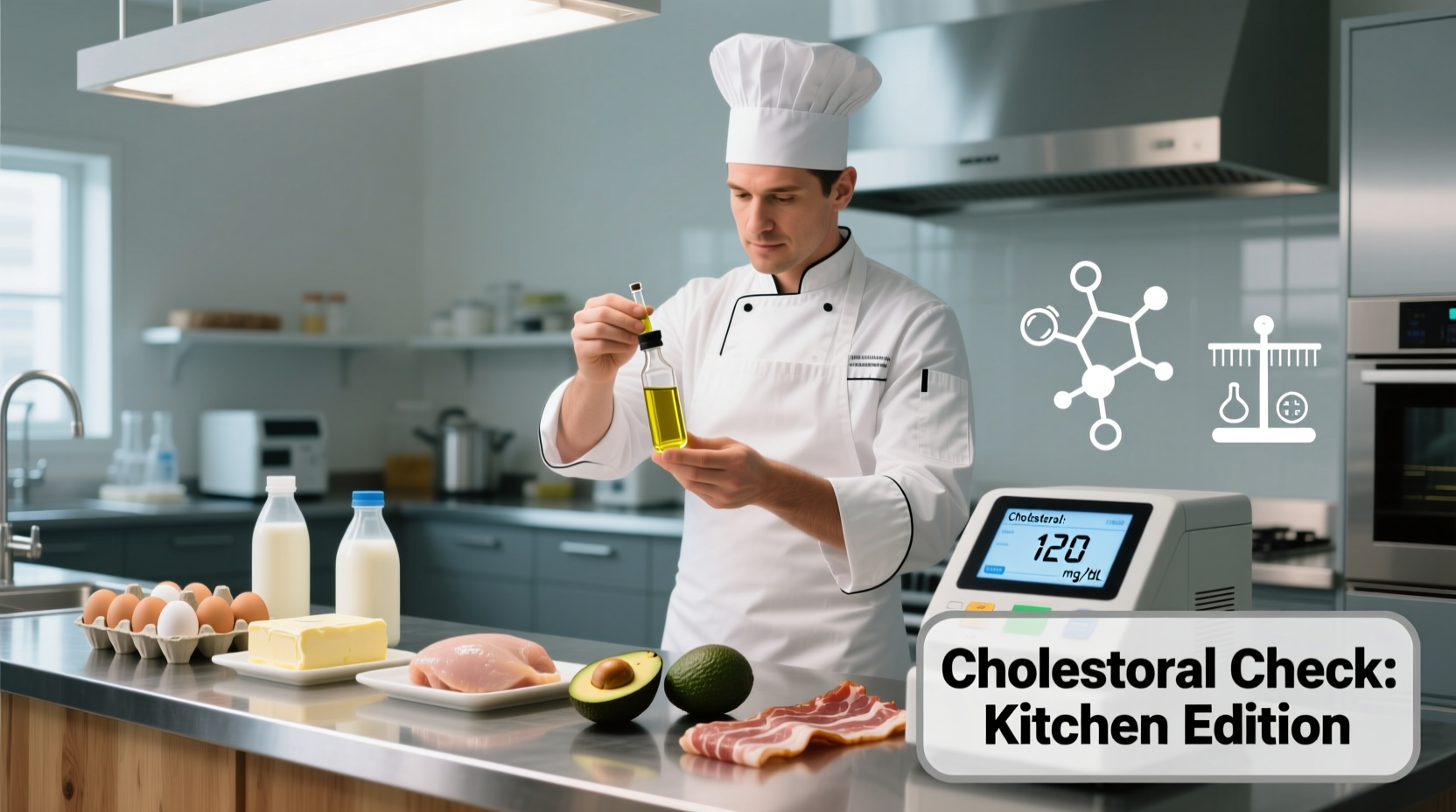Chef measuring cholesterol levels in common kitchen ingredients