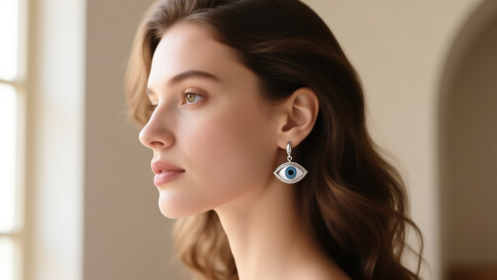 Side profile of a woman with an oval face wearing silver evil eye drop earrings, illuminated by soft, warm natural window light.