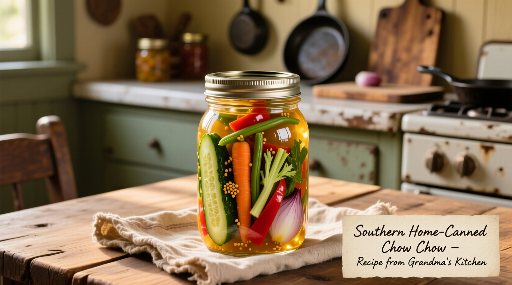 Traditional Southern chow chow relish in mason jar with vegetables