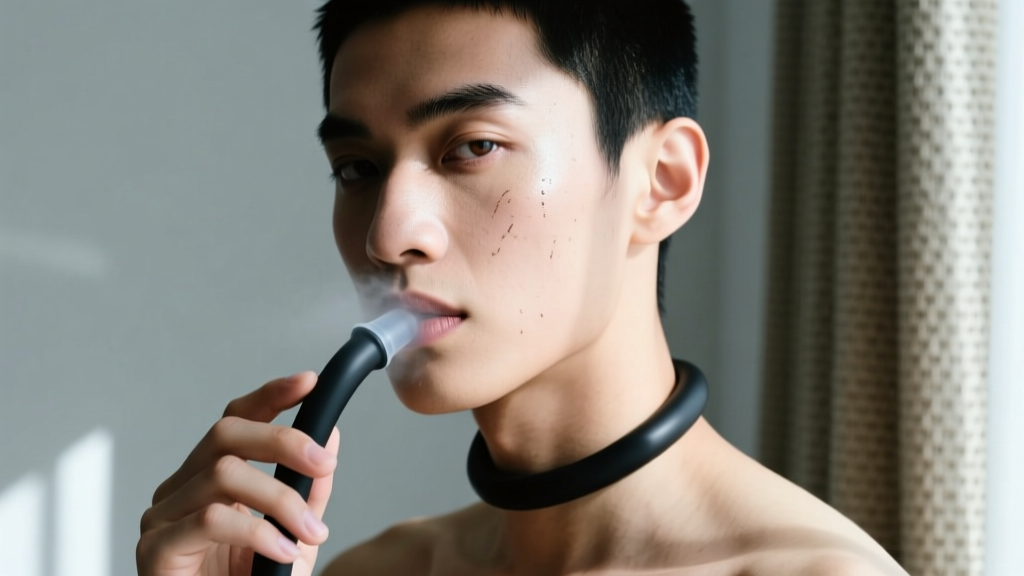 A person holding a matte black silicone breathing tube necklace near their lips, illuminated by soft natural window light in a room
